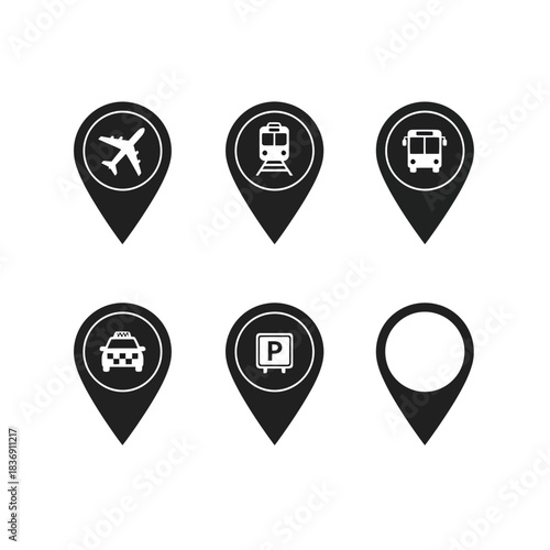 Vector map pin icons featuring common transportation methods like airplane, train, bus, taxi, and parking for navigation and travel service applications