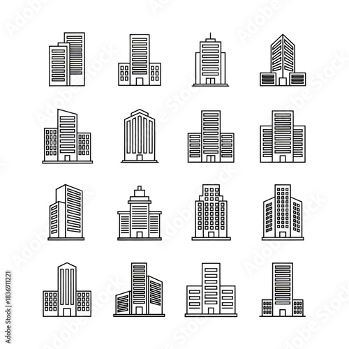 Collection of diverse architectural building icons, featuring various city structures and modern urban designs for real estate, business, and cityscape projects