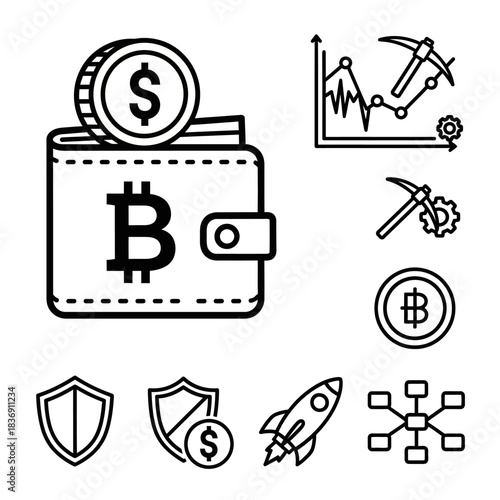 Black outline icon of a cryptocurrency wallet with Bitcoin symbol and dollar coin.