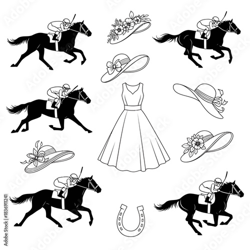 Elegant black and white vector illustrations of horse racing, jockeys, galloping thoroughbreds, women's hats, and a classic dress, ideal for equestrian and vintage designs
