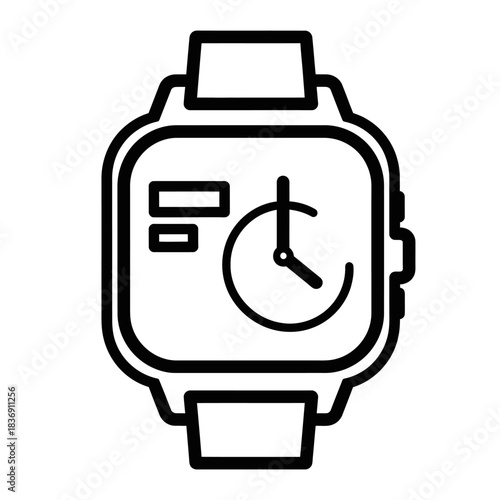Black outline icon of a modern smartwatch with a square display showing time and data.