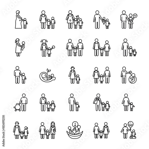 Collection of Modern Family Line Art Icons Illustrating Diverse Parenthood, Childhood Stages, Relationships, and Pregnancy Concepts in Simple Outline Style