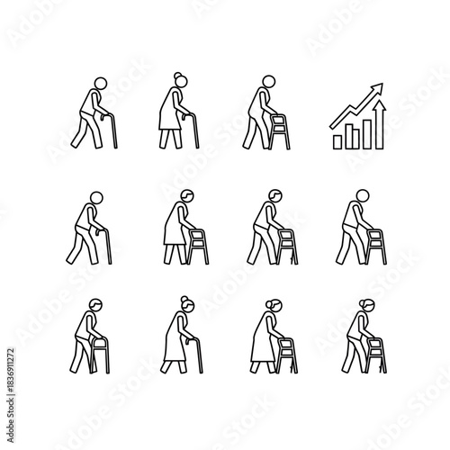 Diverse set of minimalist line art icons showing elderly individuals using walking aids and a progress chart, ideal for themes of aging, mobility, assistance, and health advancement