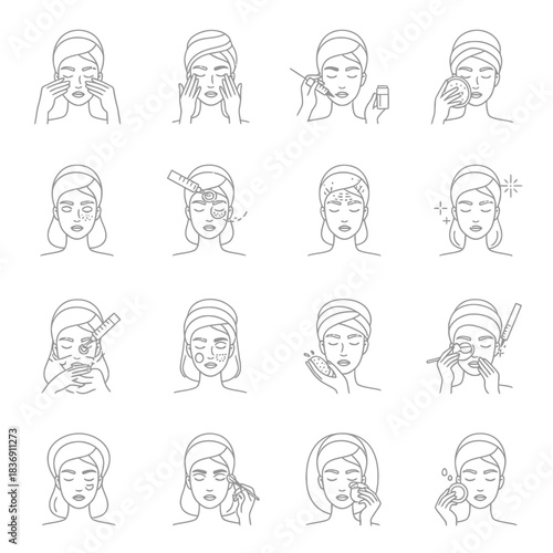 Comprehensive collection of monochrome line art icons illustrating a woman's personal daily skincare and beauty routine steps, encompassing self-care rituals for a healthy and radiant complexion