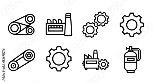 Black outline icons of industrial machinery, gears, factory, and a tank on white.