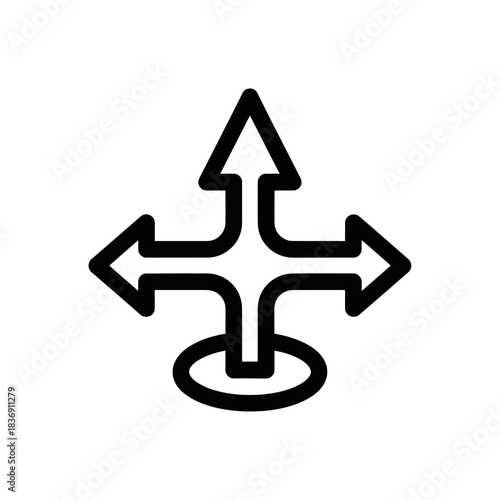 Black outline move icon with four directional arrows expanding from a central point and a base circle.