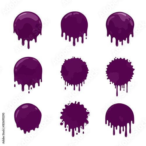 Collection of glossy purple dripping liquid splatters and blobs, dynamic graphic elements for vibrant design projects, isolated vector style illustrations