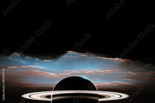 Ringed planet rising above cloud horizon