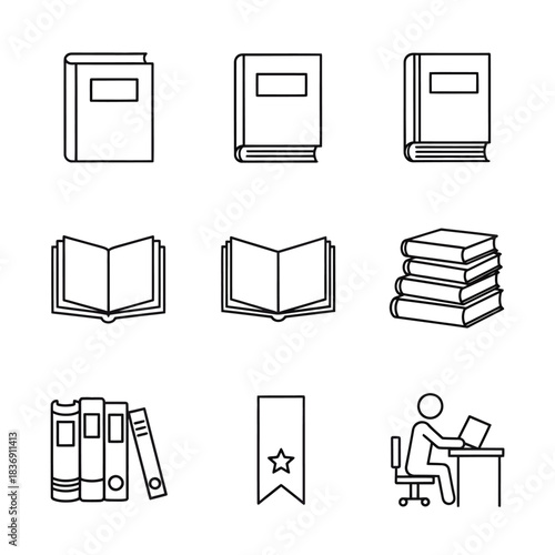 Line art icons of books, reading, study, and education. Features diverse books, open pages, stacked volumes, a bookmark, and a student at a desk