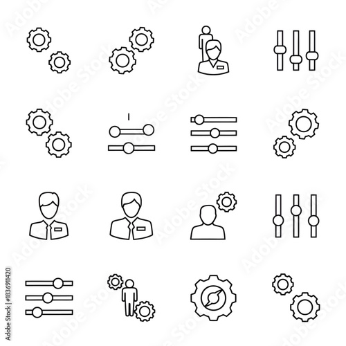 Comprehensive collection of linear icons representing user profile management, system settings, configuration options, and adjustment controls for modern digital interfaces and applications