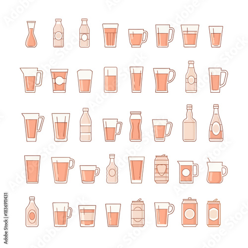 Vector collection of diverse beverage container icons in flat line-art style, featuring bottles, glasses, cups, and mugs for menus, web interfaces, and graphics