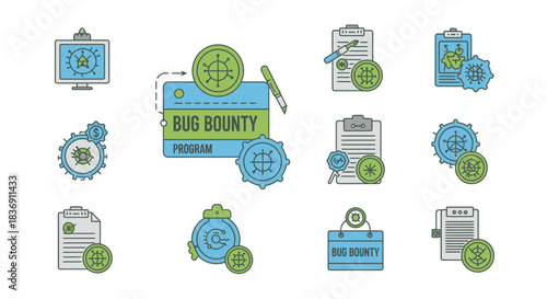 Blue and Green Bug Bounty Program Concept Icon with Crowned Bug Seal and Reward Coin.