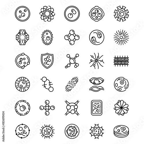 Line art icon collection depicting diverse microorganisms, biological cells, viruses, and molecular structures, perfect for scientific, educational, and medical design