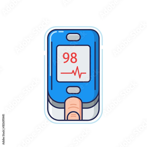 Blue and white cartoon pulse oximeter with finger, displaying 98 oxygen and red heartbeat waveform.