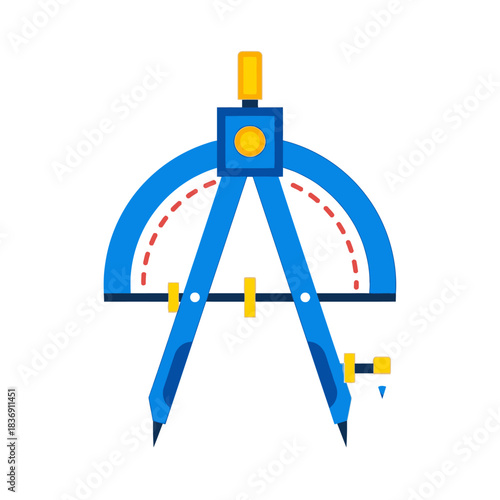 Blue and yellow geometric drawing compass with an integrated protractor scale for precision.