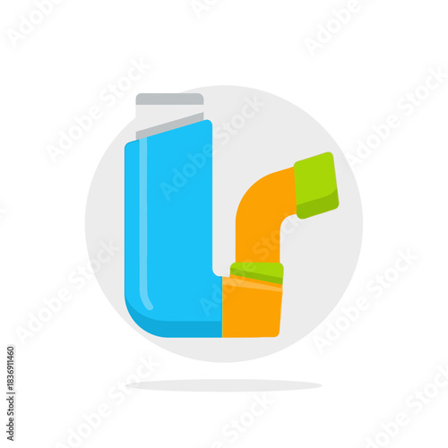 Blue Asthma Inhaler with Orange Spacer and Green Mouthpiece in a Circular Design.