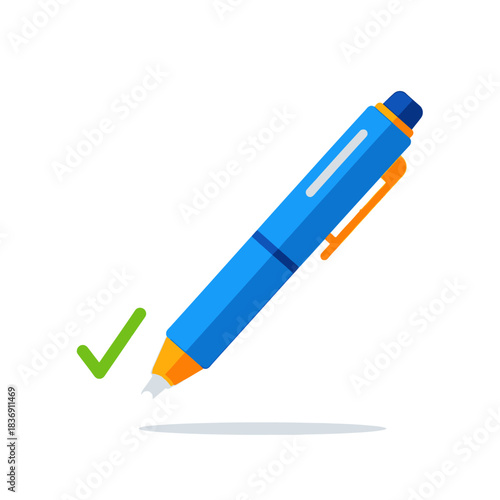 Blue ballpoint pen with orange clip and tip, green check mark icon.