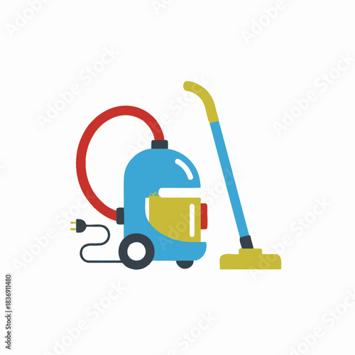 Blue canister vacuum cleaner with red hose and yellow attachments, flat vector illustration.