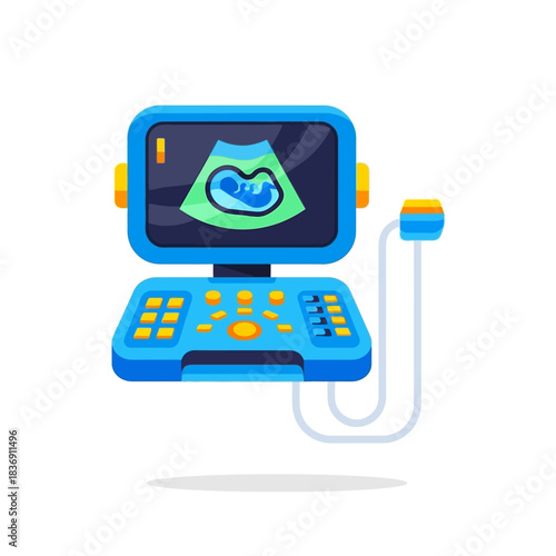 Blue Cartoon Ultrasound Machine Displaying Fetus Image, Yellow Accents, Medical Equipment.