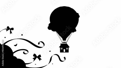 Whimsical hot air balloon shaped like a house floats among decorative ribbons and clouds.