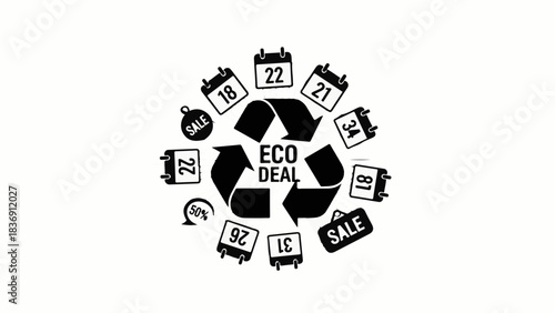 Eco deal concept with recycling symbol and calendar icons suggesting seasonal promotions