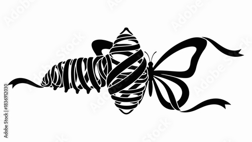 Transformative journey depicted by a stylized butterfly emerging from a cocoon.