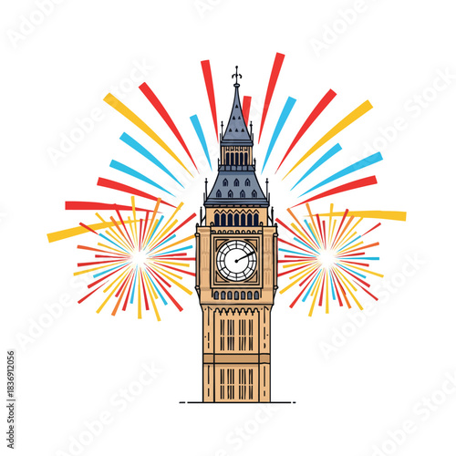 Big Ben illuminated under brilliant New Year fireworks