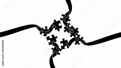 Interlocking puzzle pieces form a creative connection, symbolizing teamwork and problem solving.