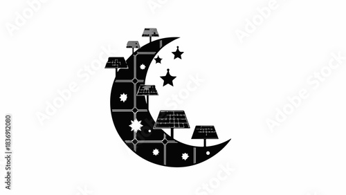 Whimsical crescent moon with stylized lamps and stars, representing nighttime illumination and dreams.