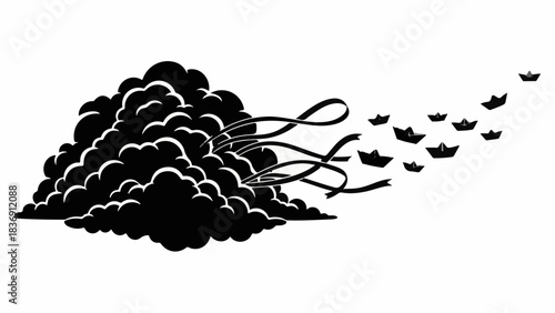 Small paper boats sailing away from a large dark cloud, symbolizing hope and escape