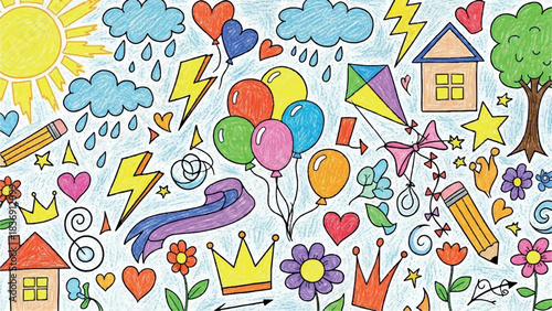Childrens Drawing of Fun Elements and Symbols.
