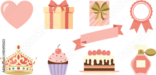 Collection of feminine celebration and gift icons in soft pastel colors