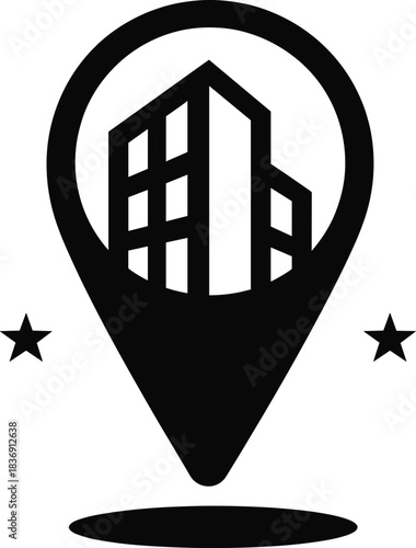 City buildings within a map pointer icon for urban location or architectural landmark qibla direction