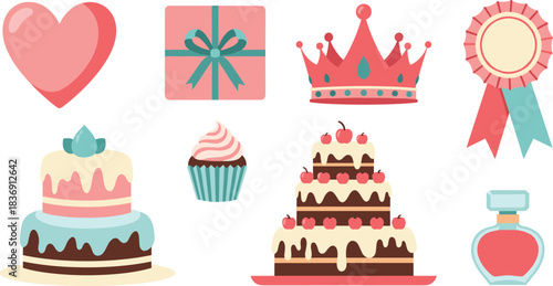 Collection of celebratory items including cakes gift box crown and perfume