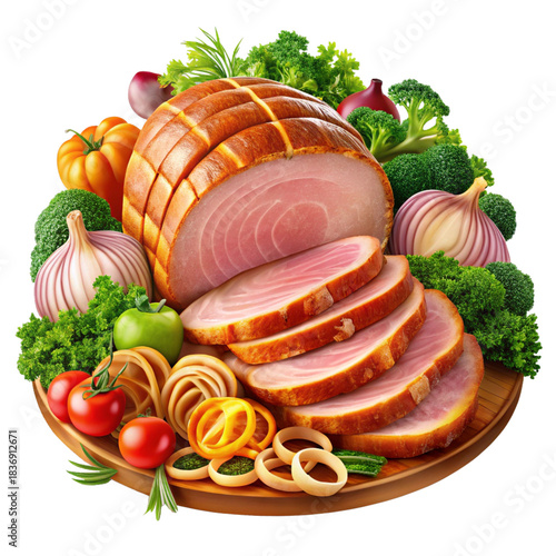 Honey glazed sliced ham with fresh vegetables shown in a detailed food presentation image