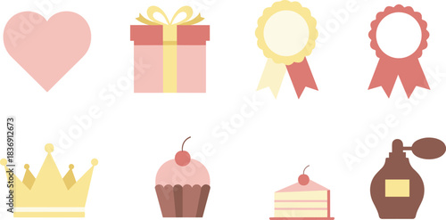 Collection of feminine icons including heart gift crown cupcake perfume and ribbons