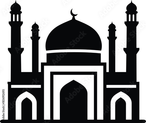 Grand mosque silhouette with four minarets and dome, Islamic architecture, spiritual landmark, qibla direction