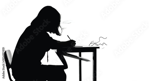 Silhouette of a young student focused on writing at a desk, symbolizing study and concentration.