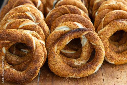 Turkish traditional sesame bagel (Simit) in Istanbul, Turkey.