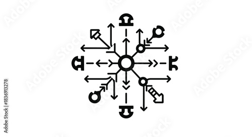 Abstract representation of interconnected ideas and data flow with radiating lines and symbols.