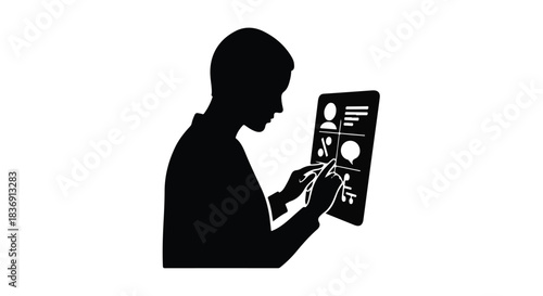 Person interacting with digital profile interface on a tablet screen.