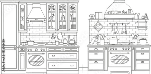 Detailed Kitchen Interior Furniture Vector Outline Set, Vintage Home Appliance Line Art Drawing, Cabinets, Stove, and Utensils