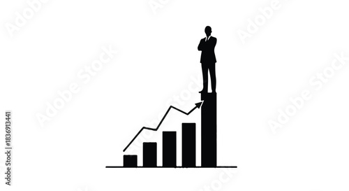 Silhouette of a confident person standing atop a rising bar graph, symbolizing success and achievement.
