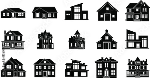 Diverse House and Home Silhouette Vector Collection, Residential Architecture Icon Set, Modern and Traditional Building Black Graphic Design