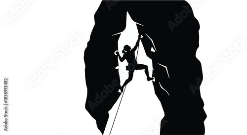 Silhouette of a determined climber scaling a steep rock face, reaching for the summit with courage.