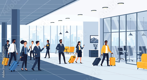 Diverse group of business professionals with luggage in a modern airport terminal waiting area