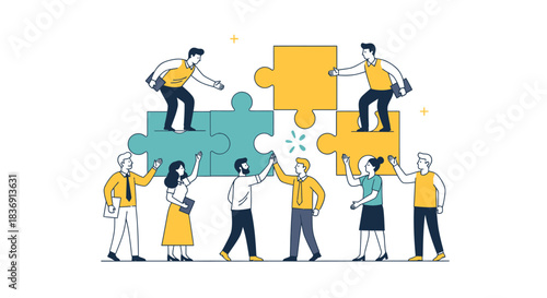 Diverse group of people working together to assemble a large puzzle representing teamwork and collaboration