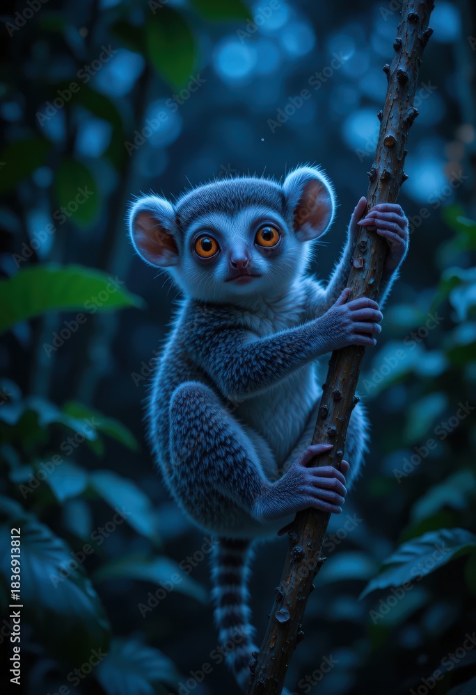 Fototapeta premium Mouse lemur in the undergrowth of nocturnal rainforest