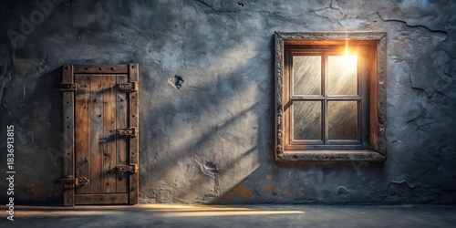 Sunlit Rustic Interior Wooden Door and Window in Aged Wall