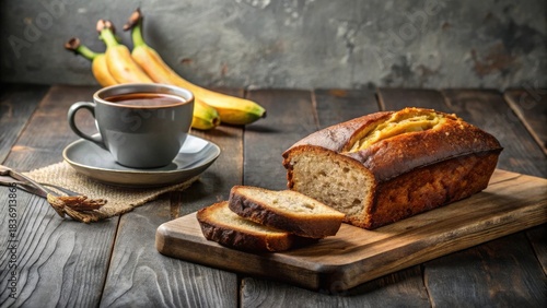 Aromatic Banana Bread Slices Served with Warm Beverage on Rustic Wooden Table